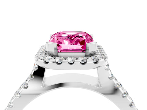White gold Emerald Cut Pink Sapphire Halo Ring with Split Shank Pavé Band and Prong Setting_16