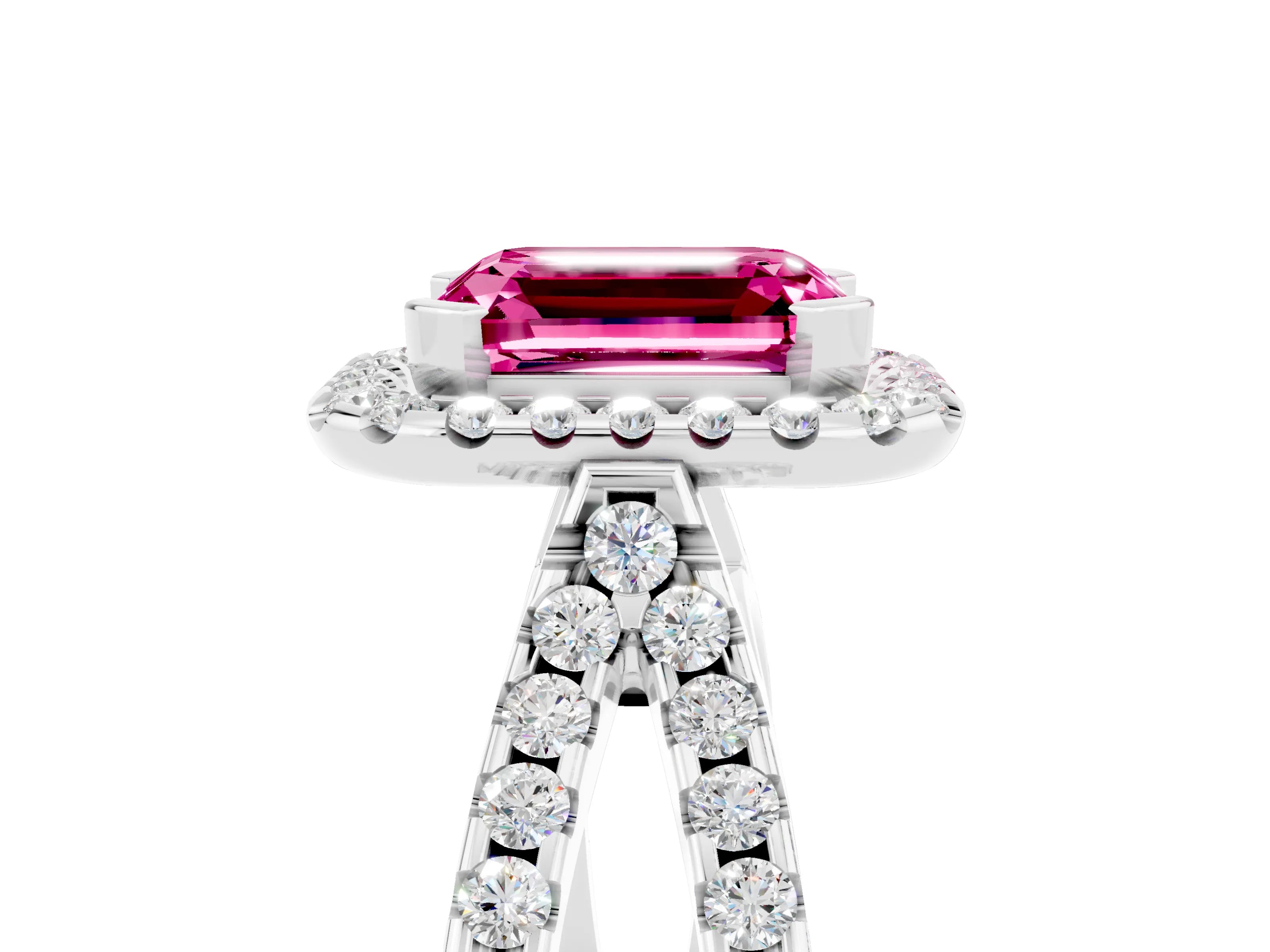 White gold Emerald Cut Pink Sapphire Halo Ring with Split Shank Pavé Band and Prong Setting_17