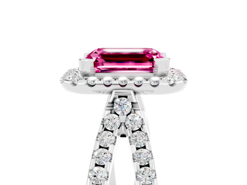 White gold Emerald Cut Pink Sapphire Halo Ring with Split Shank Pavé Band and Prong Setting_17