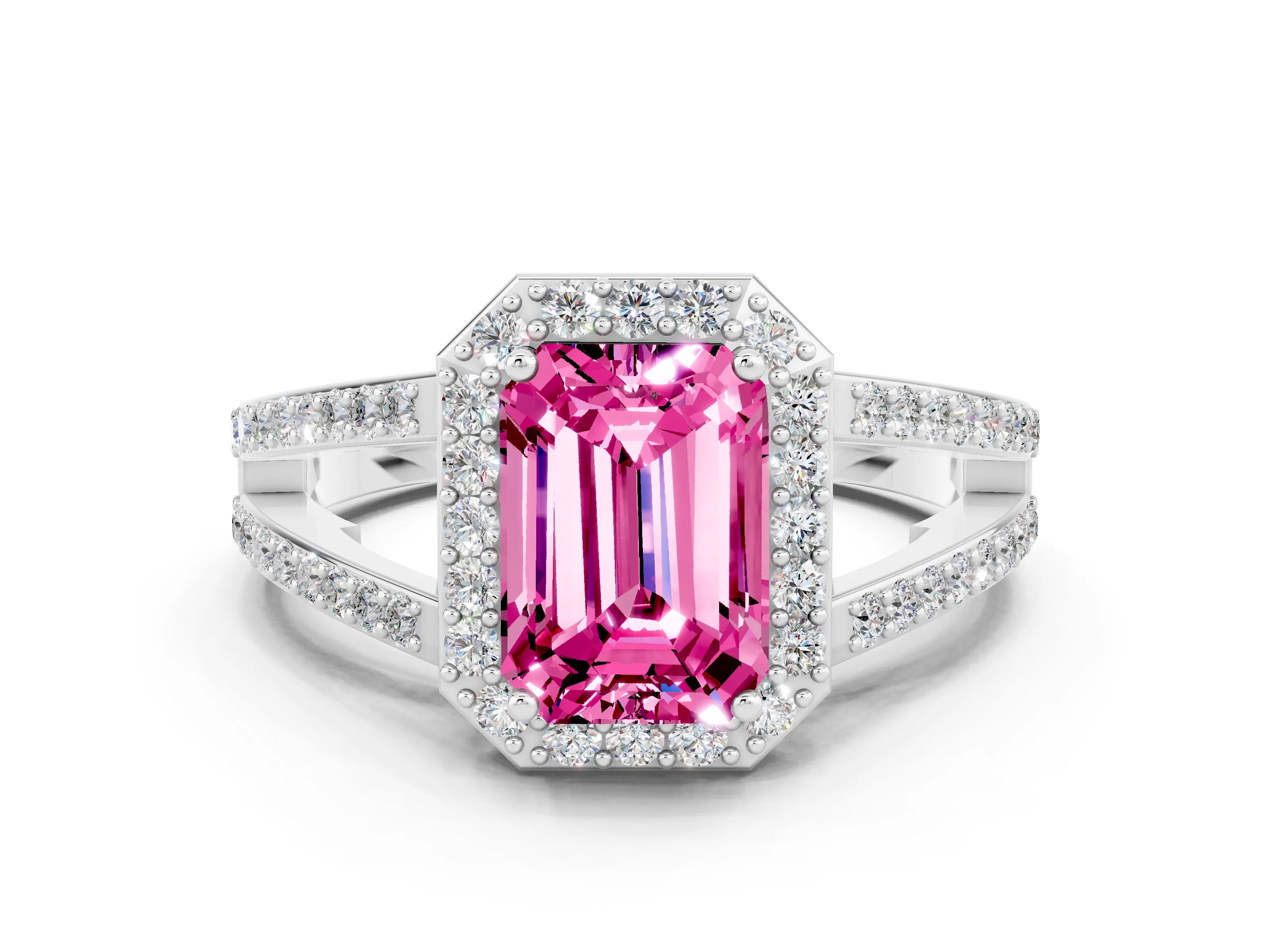 White gold Emerald Cut Pink Sapphire Halo Ring with Split Shank U-Prong Band and Four-Prong Setting