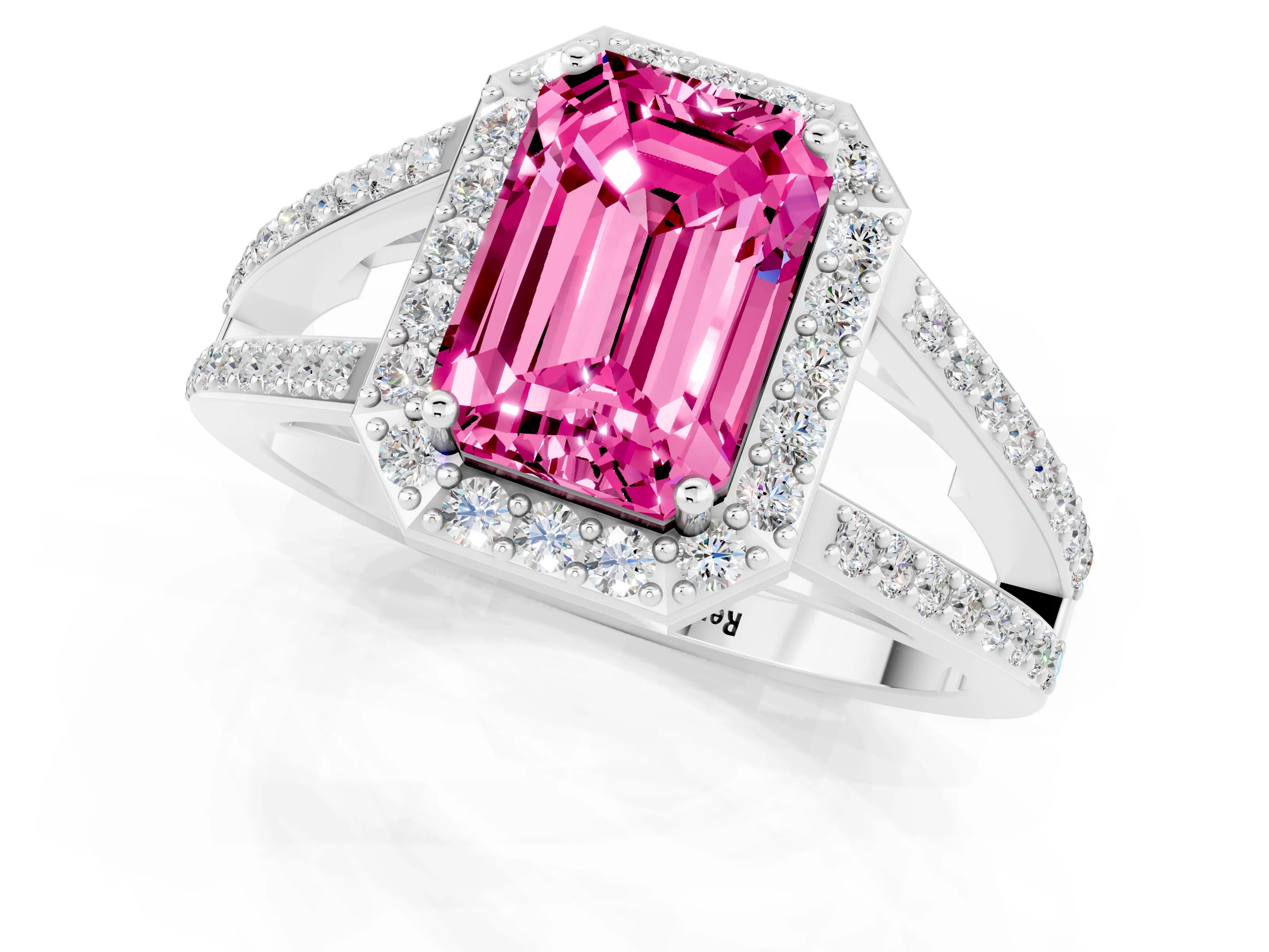 White gold Emerald Cut Pink Sapphire Halo Ring with Split Shank U-Prong Band and Four-Prong Setting_1