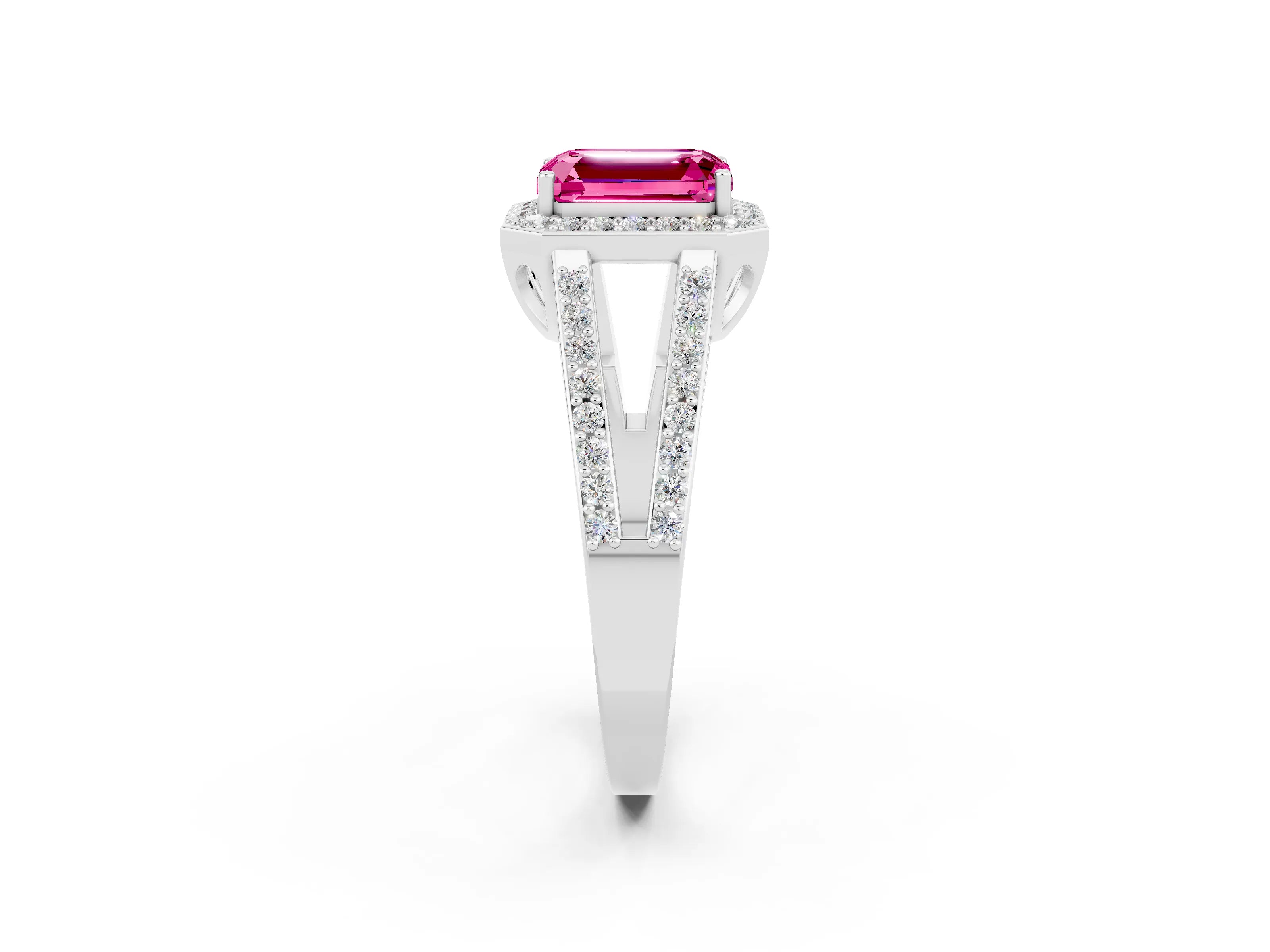 White gold Emerald Cut Pink Sapphire Halo Ring with Split Shank U-Prong Band and Four-Prong Setting_2