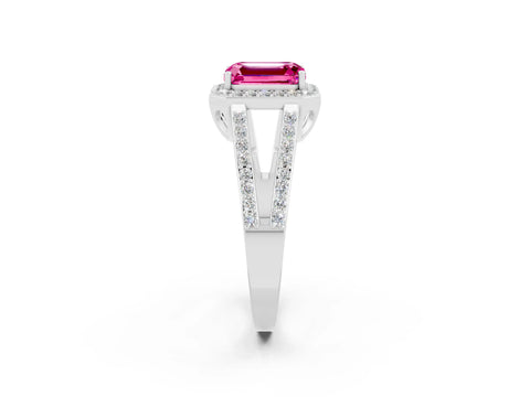 White gold Emerald Cut Pink Sapphire Halo Ring with Split Shank U-Prong Band and Four-Prong Setting_2