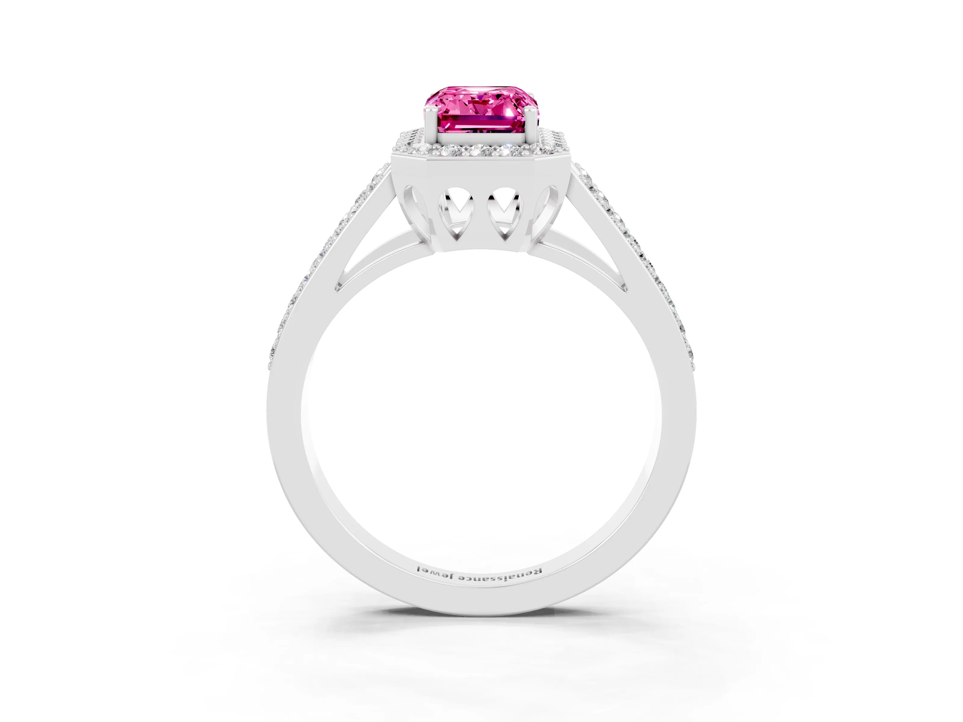 White gold Emerald Cut Pink Sapphire Halo Ring with Split Shank U-Prong Band and Four-Prong Setting_3