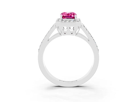 White gold Emerald Cut Pink Sapphire Halo Ring with Split Shank U-Prong Band and Four-Prong Setting_3