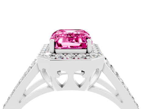 White gold Emerald Cut Pink Sapphire Halo Ring with Split Shank U-Prong Band and Four-Prong Setting_4
