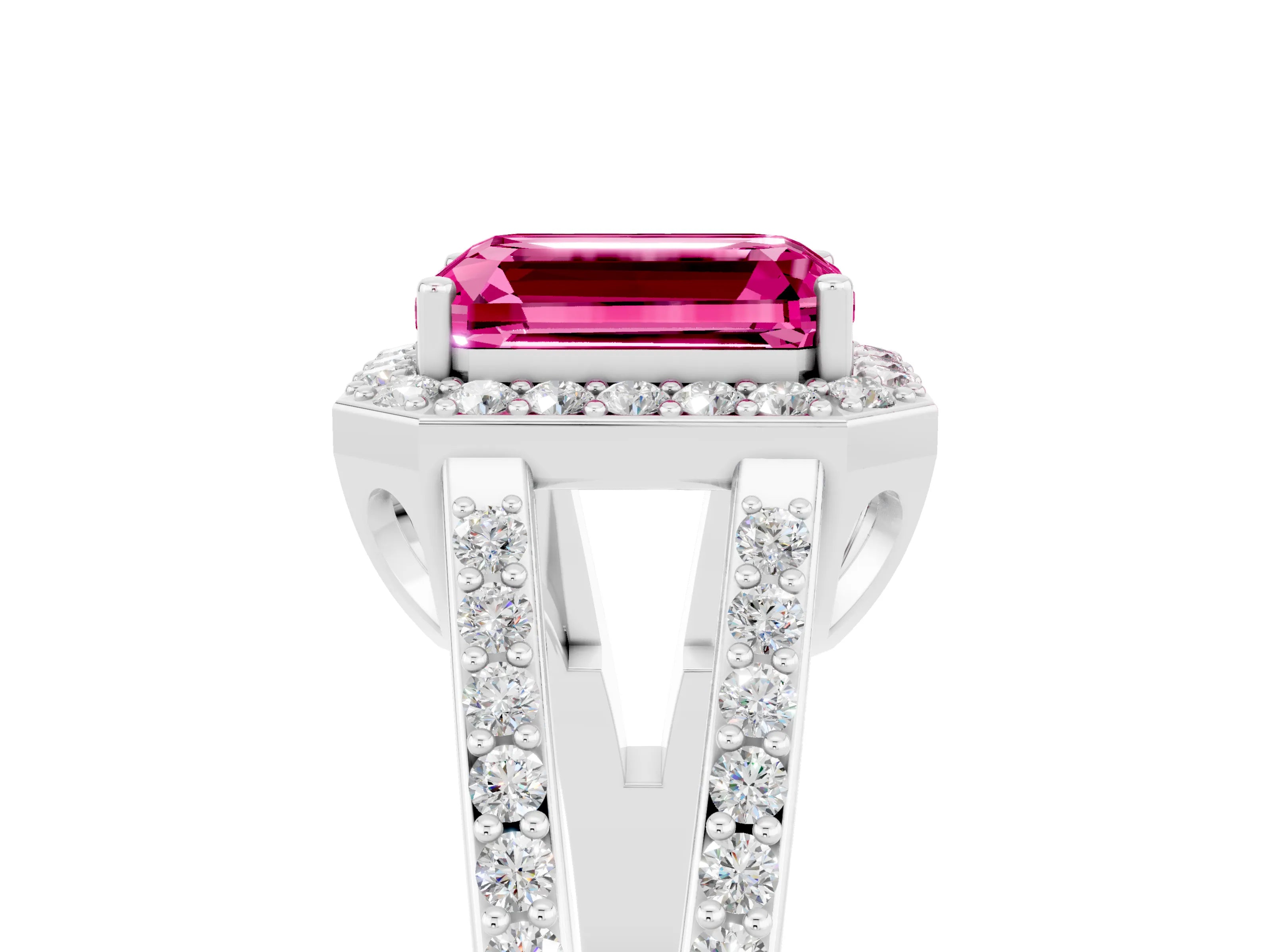 White gold Emerald Cut Pink Sapphire Halo Ring with Split Shank U-Prong Band and Four-Prong Setting_5