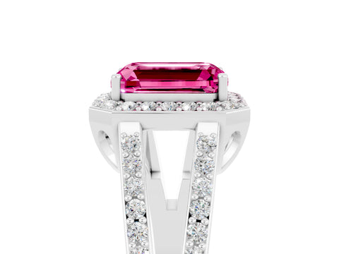 White gold Emerald Cut Pink Sapphire Halo Ring with Split Shank U-Prong Band and Four-Prong Setting_5