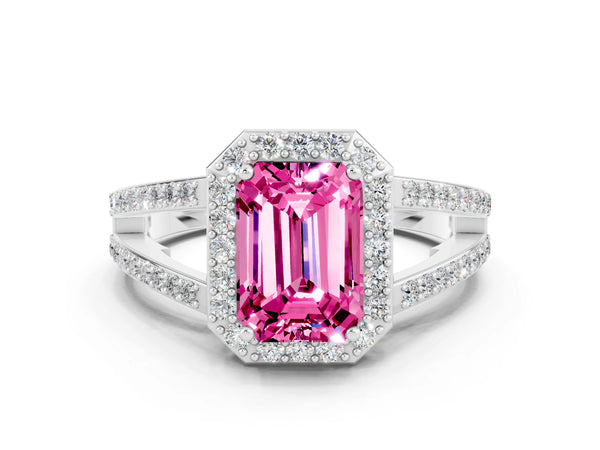 Silver Emerald Cut Pink Sapphire Halo Ring with Split Shank U-Prong Band and Four-Prong Setting