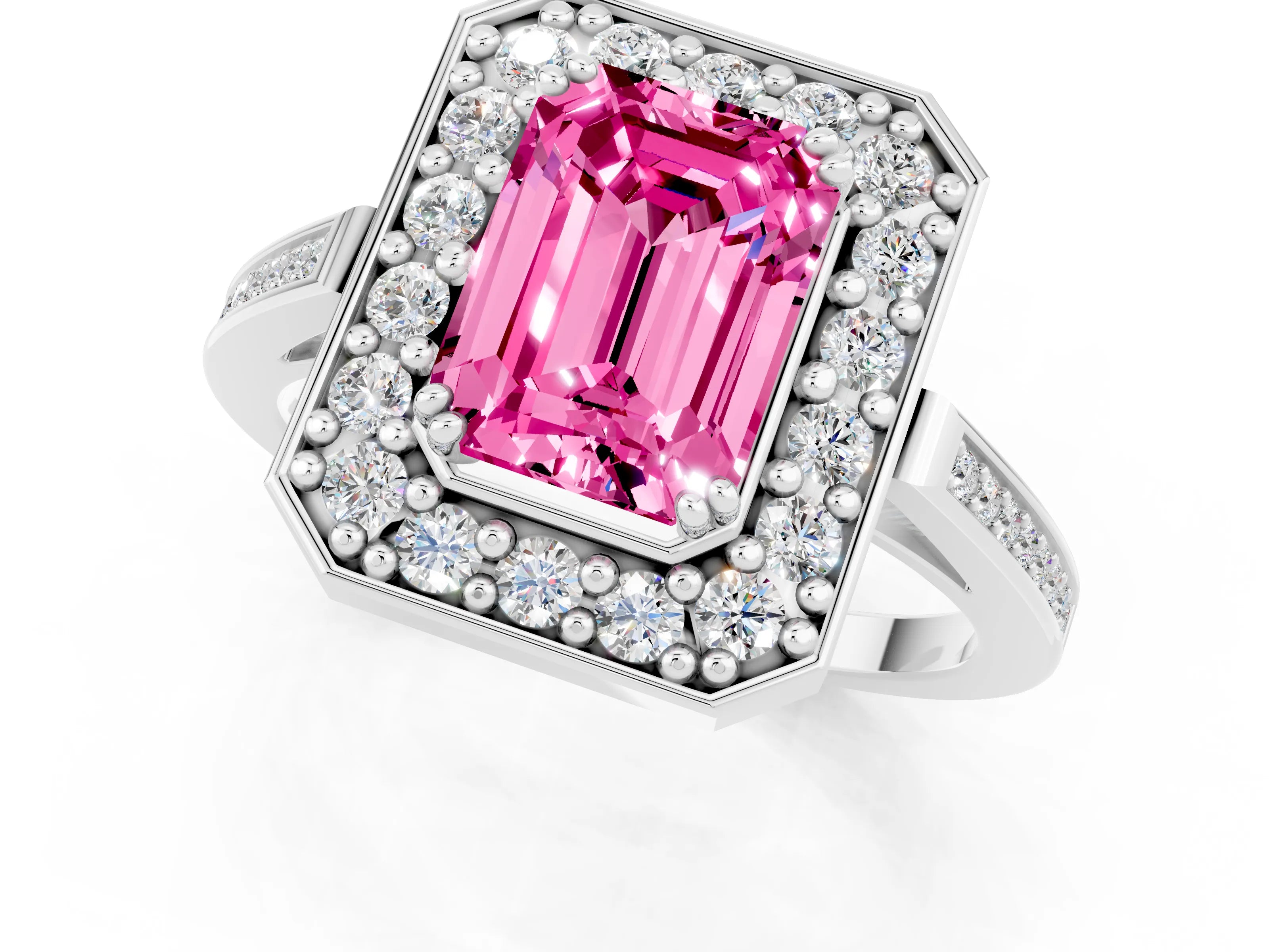 White gold Emerald Cut Pink Sapphire Halo Ring with Split Shank and Four-Prong Setting_1