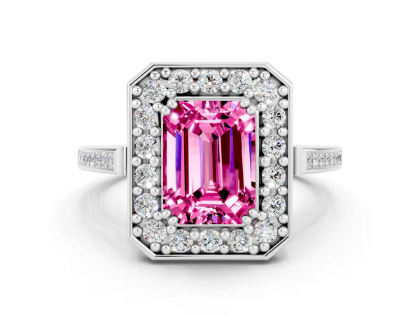 White gold Emerald Cut Pink Sapphire Halo Ring with Split Shank and Four-Prong Setting