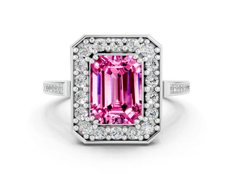 White gold Emerald Cut Pink Sapphire Halo Ring with Split Shank and Four-Prong Setting_12