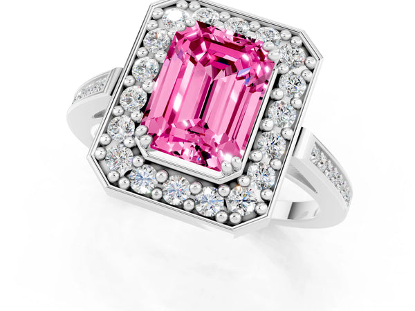 White gold Emerald Cut Pink Sapphire Halo Ring with Split Shank and Four-Prong Setting