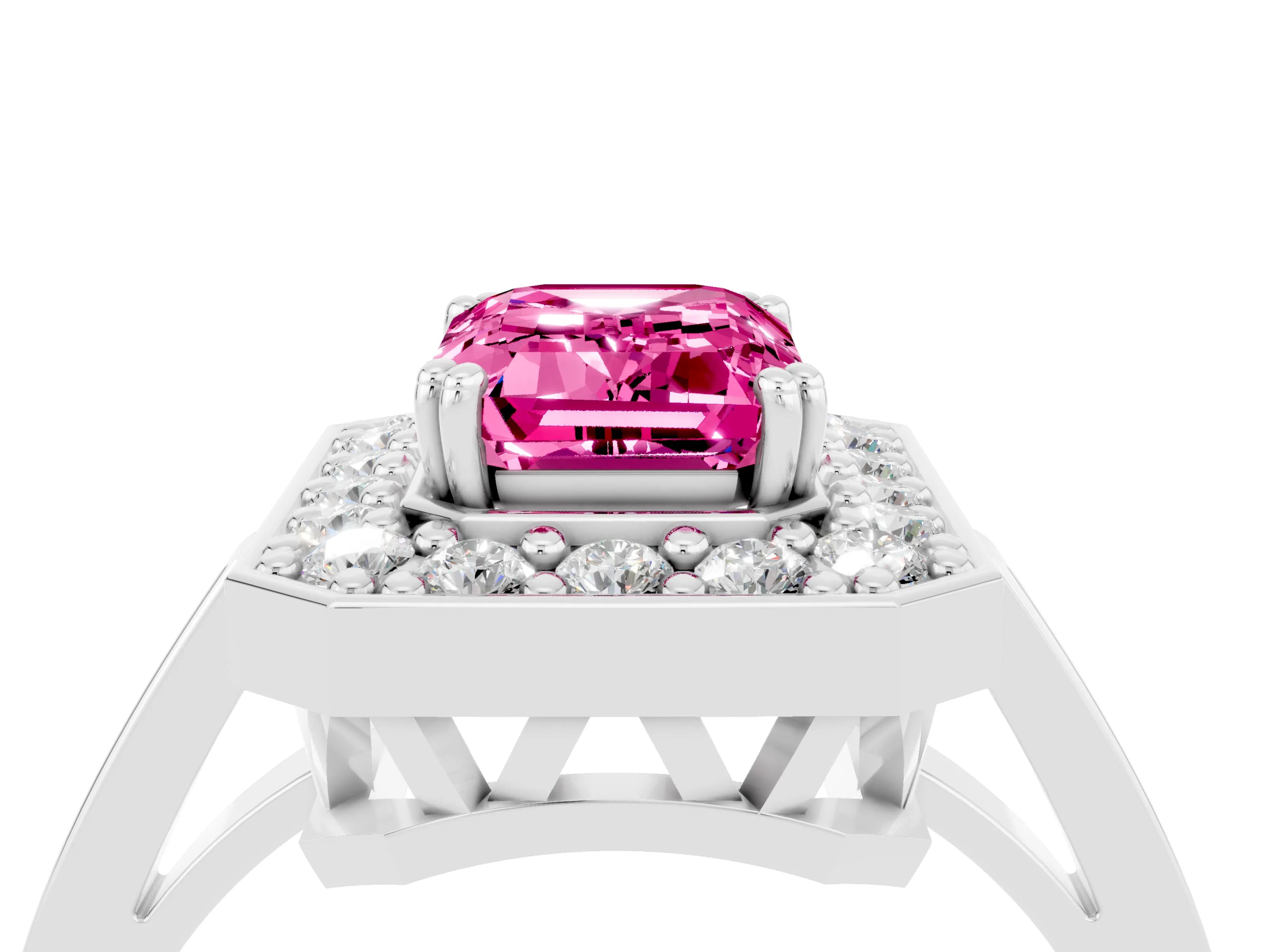 White gold Emerald Cut Pink Sapphire Halo Ring with Split Shank and Four-Prong Setting_16