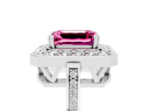 White gold Emerald Cut Pink Sapphire Halo Ring with Split Shank and Four-Prong Setting_17