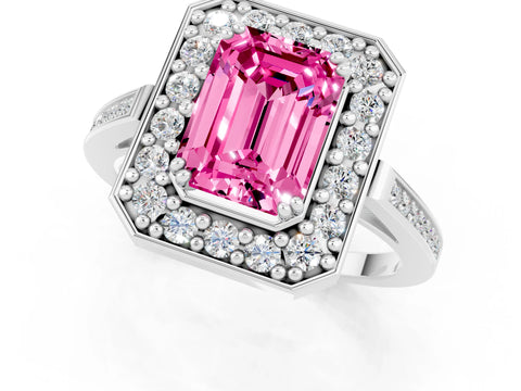 White gold Emerald Cut Pink Sapphire Halo Ring with Split Shank and Four-Prong Setting_1