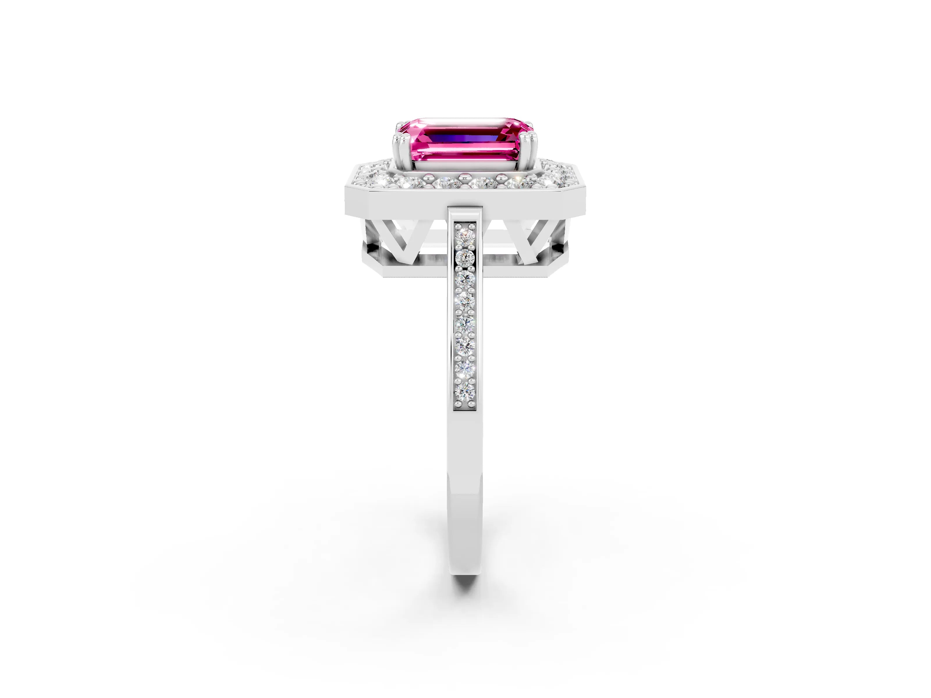 White gold Emerald Cut Pink Sapphire Halo Ring with Split Shank and Four-Prong Setting_2