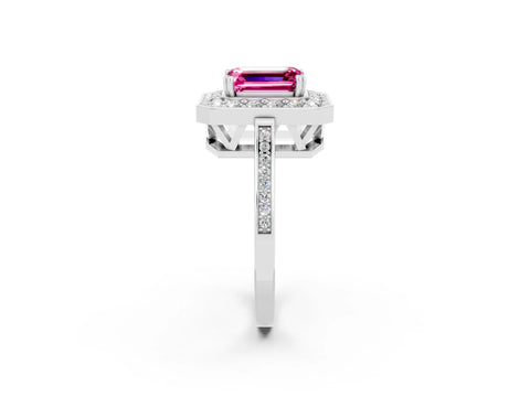 White gold Emerald Cut Pink Sapphire Halo Ring with Split Shank and Four-Prong Setting_2