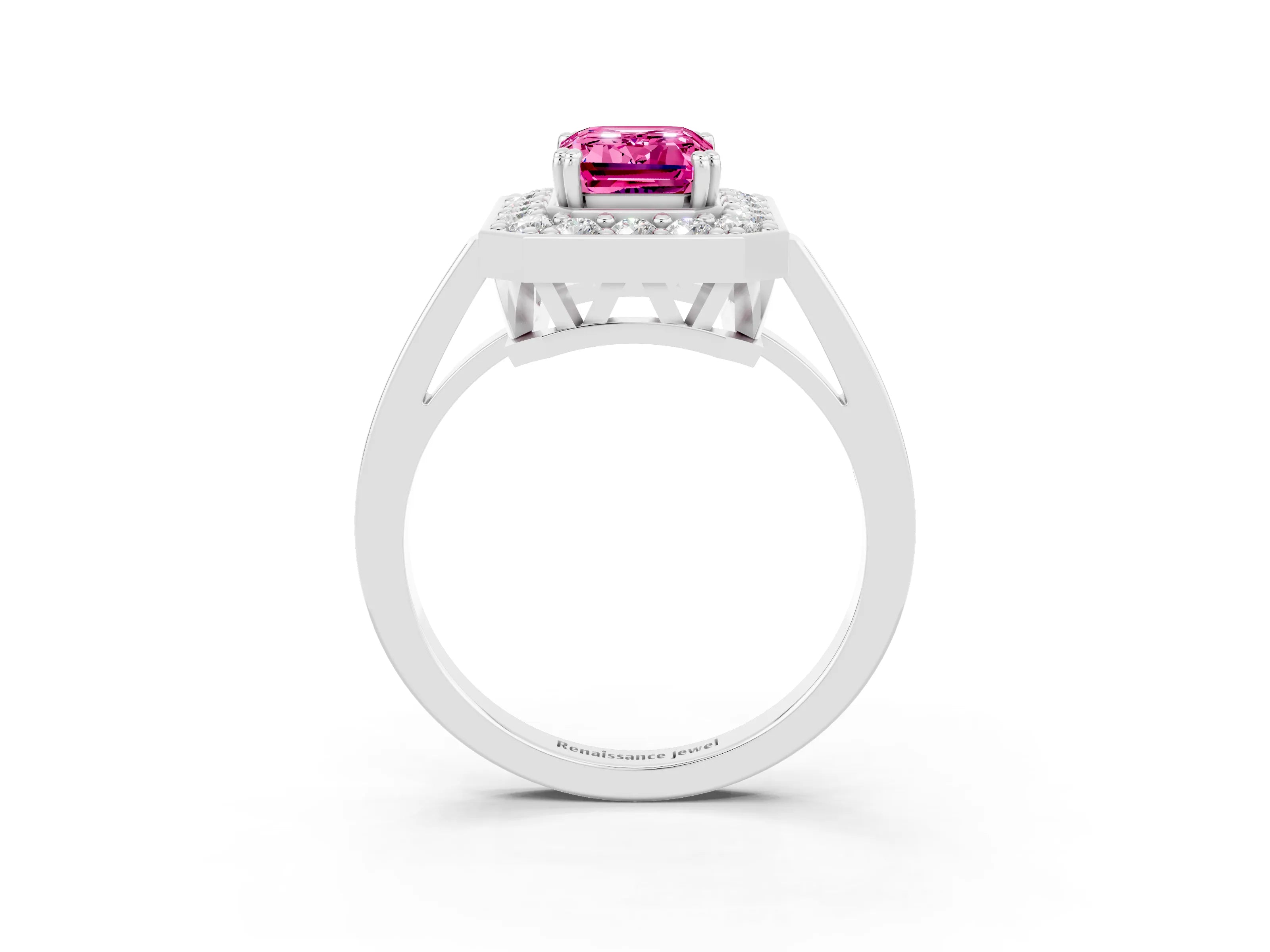 White gold Emerald Cut Pink Sapphire Halo Ring with Split Shank and Four-Prong Setting_3