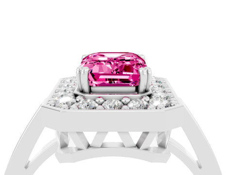 White gold Emerald Cut Pink Sapphire Halo Ring with Split Shank and Four-Prong Setting_4