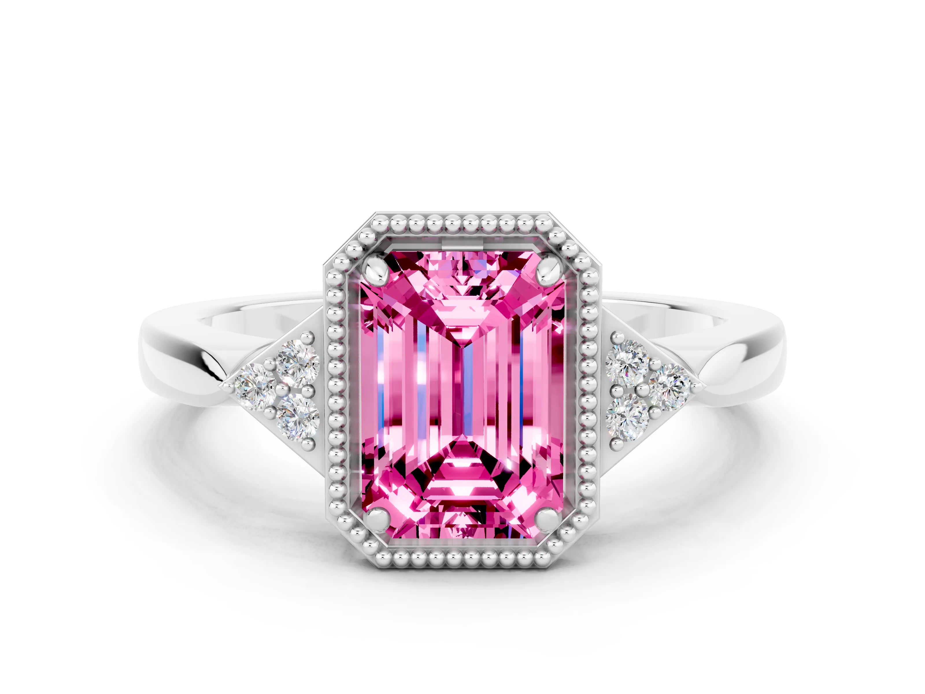 White gold Emerald Cut Pink Sapphire Halo Ring with Tapered Band and Four-Prong Setting