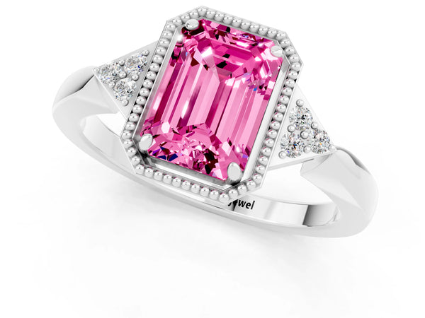 Platinum Emerald Cut Pink Sapphire Halo Ring with Tapered Band and Four-Prong Setting