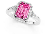White gold Emerald Cut Pink Sapphire Halo Ring with Tapered Band and Four-Prong Setting_1