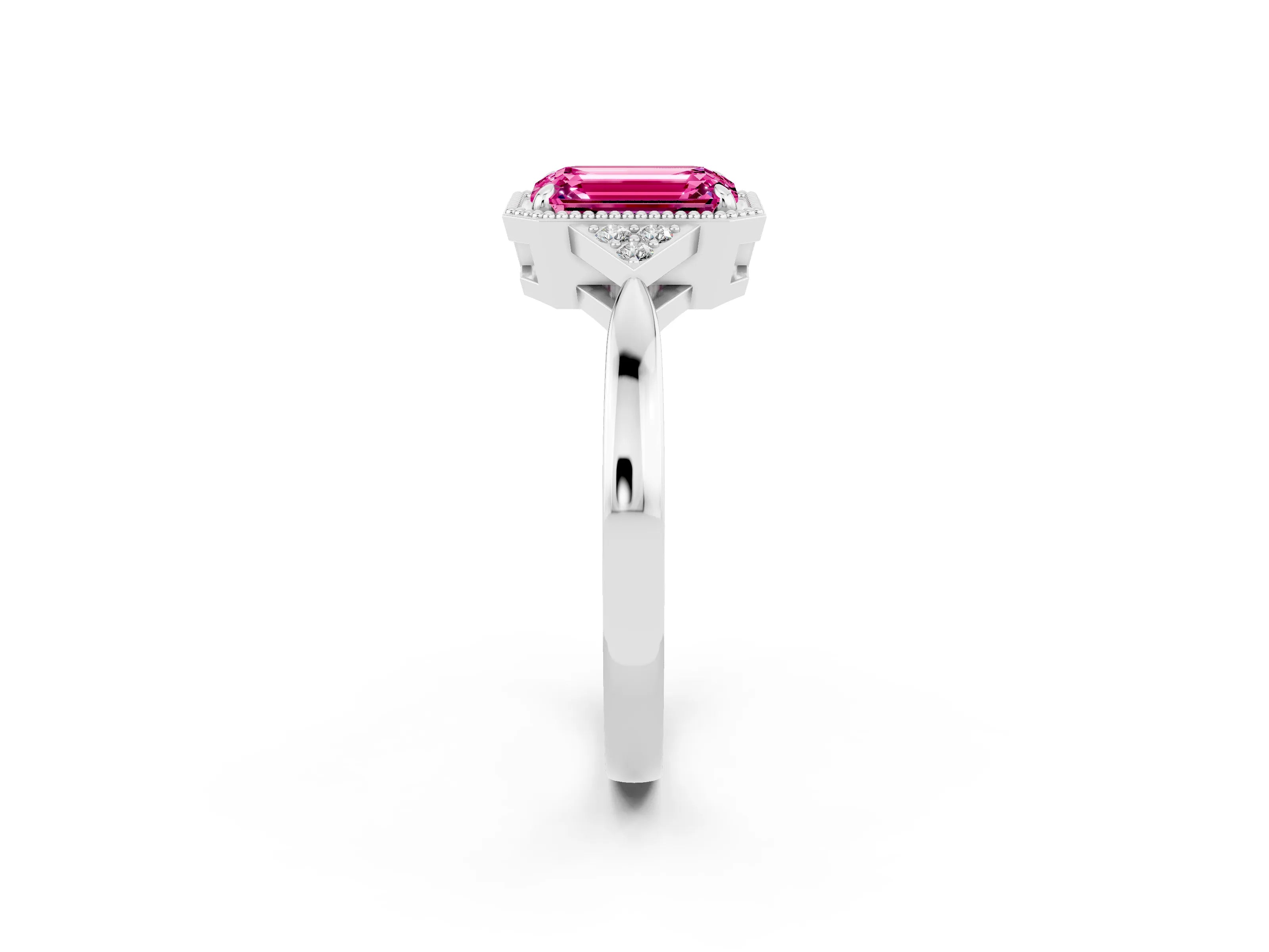 White gold Emerald Cut Pink Sapphire Halo Ring with Tapered Band and Four-Prong Setting_2