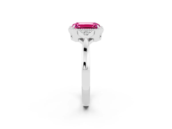 Platinum Emerald Cut Pink Sapphire Halo Ring with Tapered Band and Four-Prong Setting