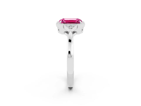 White gold Emerald Cut Pink Sapphire Halo Ring with Tapered Band and Four-Prong Setting_2