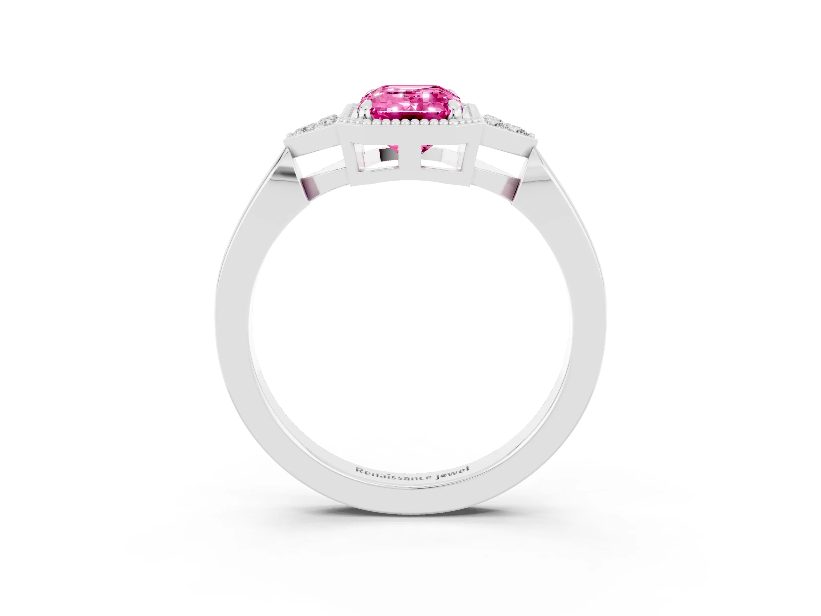 White gold Emerald Cut Pink Sapphire Halo Ring with Tapered Band and Four-Prong Setting_3