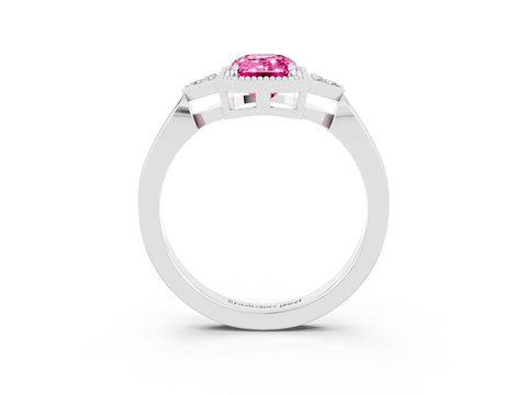 White gold Emerald Cut Pink Sapphire Halo Ring with Tapered Band and Four-Prong Setting_3