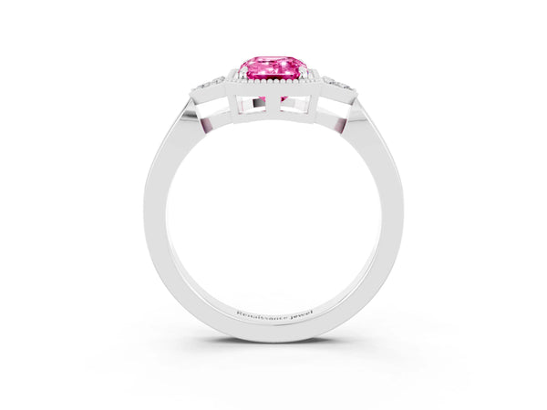 Silver Emerald Cut Pink Sapphire Halo Ring with Tapered Band and Four-Prong Setting
