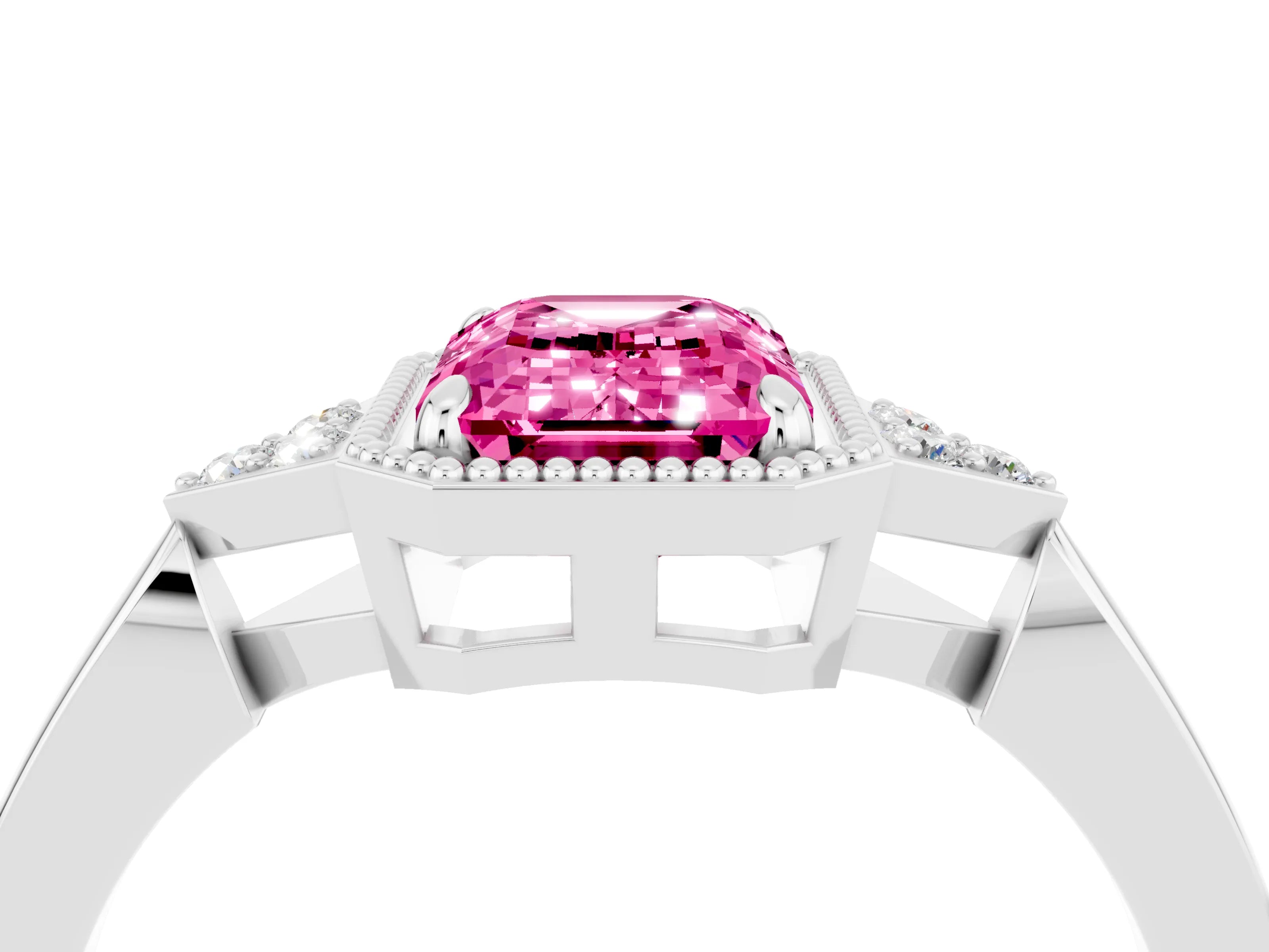 White gold Emerald Cut Pink Sapphire Halo Ring with Tapered Band and Four-Prong Setting_4