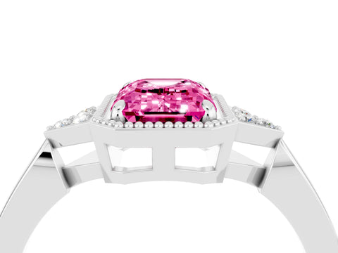 White gold Emerald Cut Pink Sapphire Halo Ring with Tapered Band and Four-Prong Setting_4