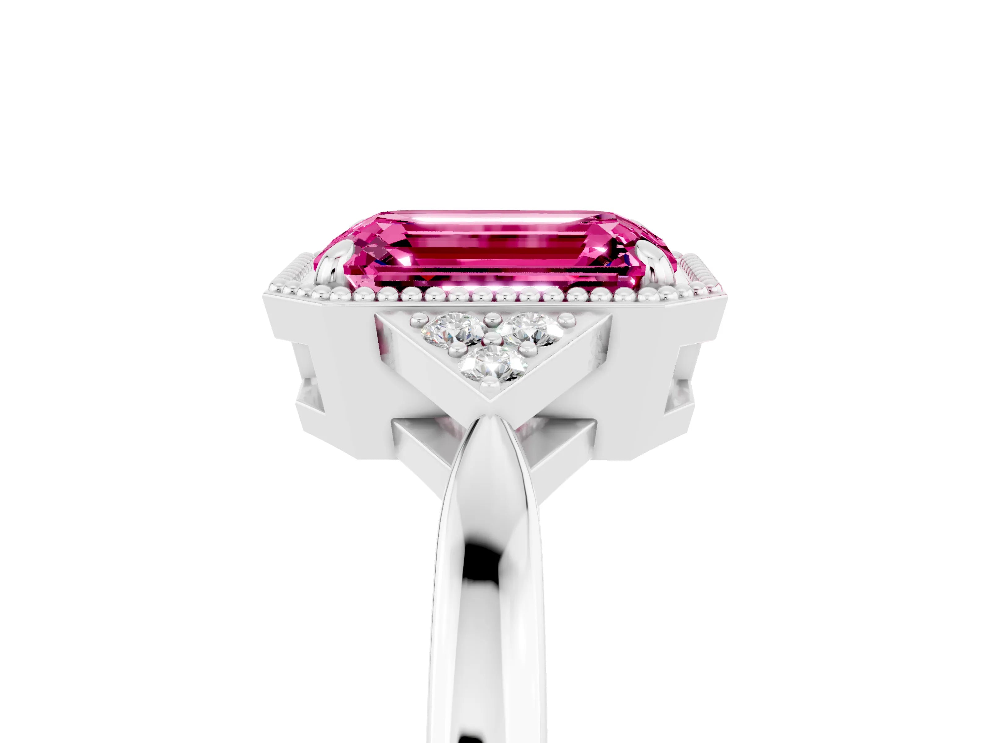 White gold Emerald Cut Pink Sapphire Halo Ring with Tapered Band and Four-Prong Setting_5