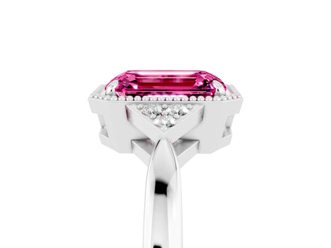 White gold Emerald Cut Pink Sapphire Halo Ring with Tapered Band and Four-Prong Setting_5