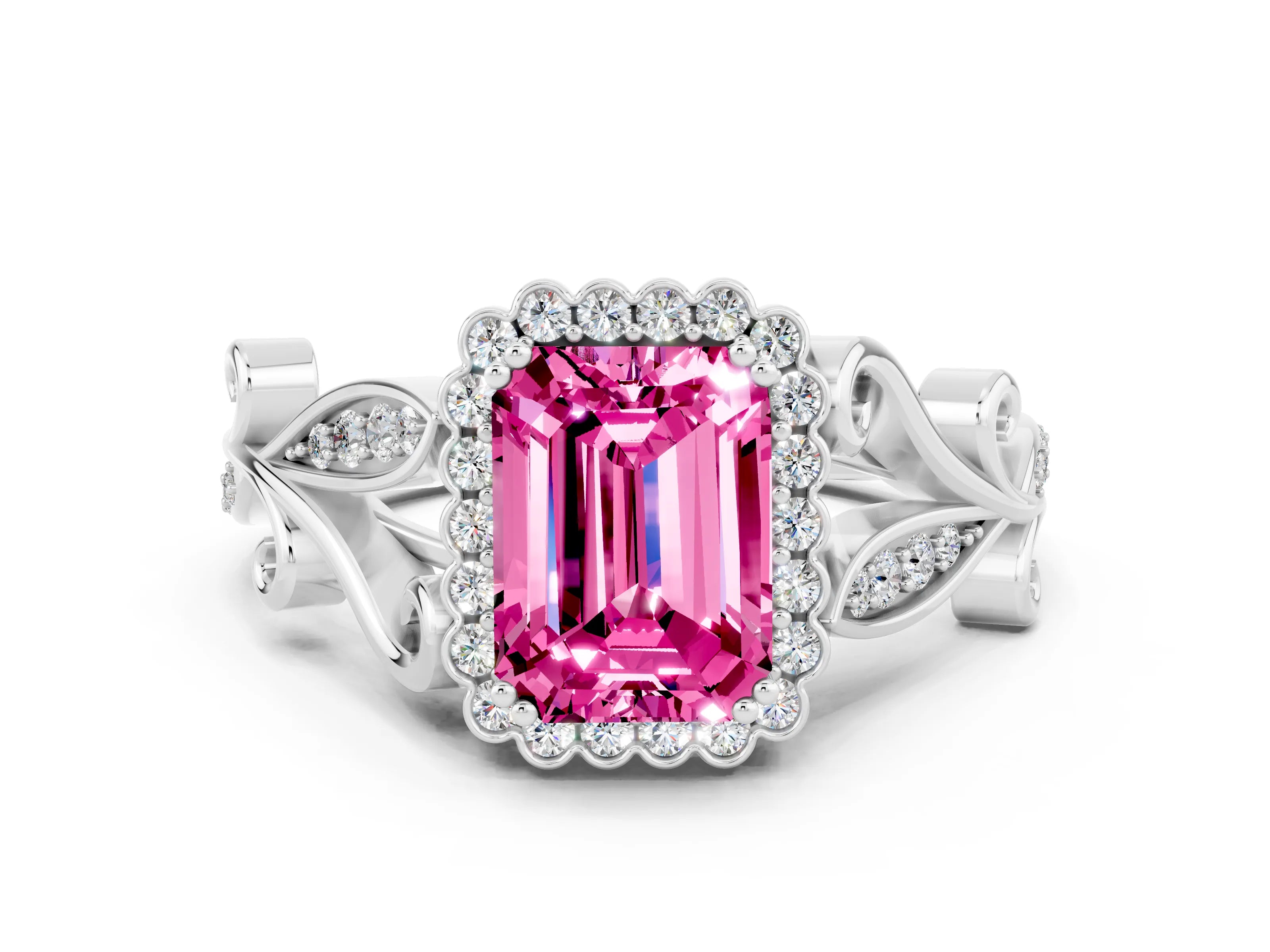 White gold Emerald Cut Pink Sapphire Halo Ring with Vintage Split Shank and Four-Prong Setting_24