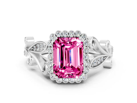 White gold Emerald Cut Pink Sapphire Halo Ring with Vintage Split Shank and Four-Prong Setting_24
