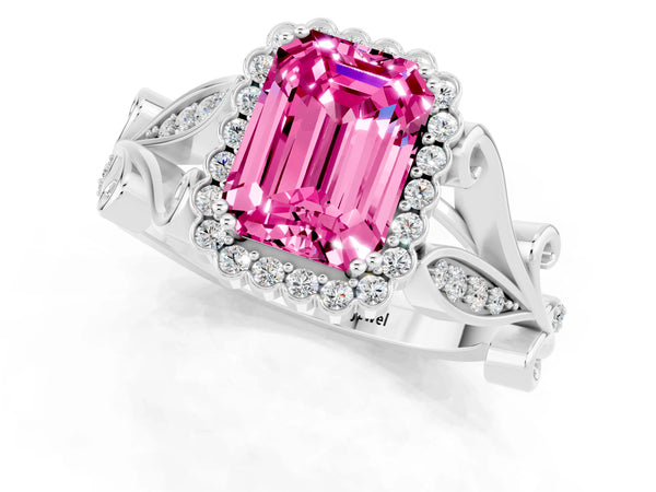 Silver Emerald Cut Pink Sapphire Halo Ring with Vintage Split Shank and Four-Prong Setting