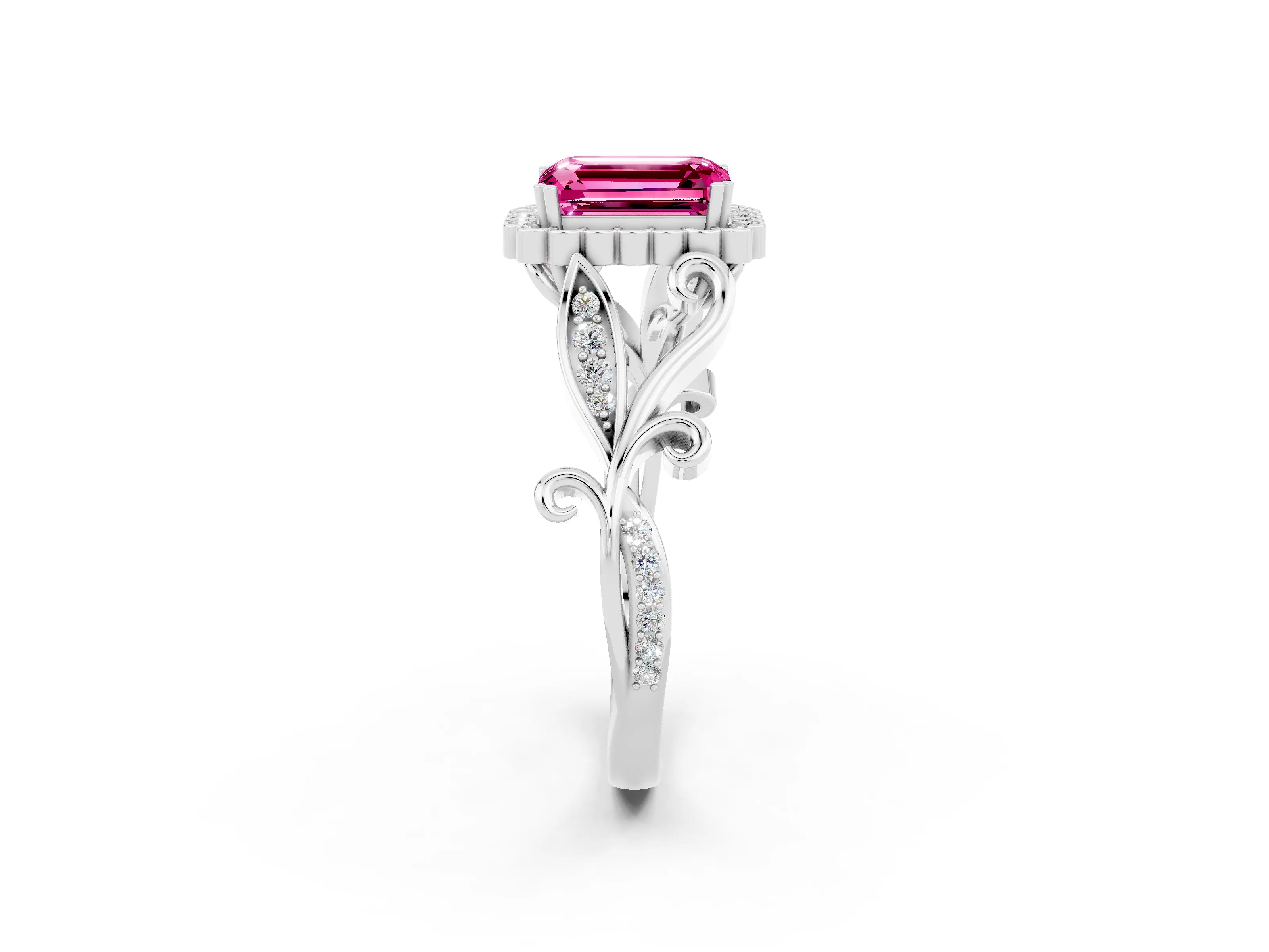 White gold Emerald Cut Pink Sapphire Halo Ring with Vintage Split Shank and Four-Prong Setting_26