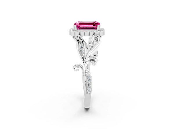 Silver Emerald Cut Pink Sapphire Halo Ring with Vintage Split Shank and Four-Prong Setting
