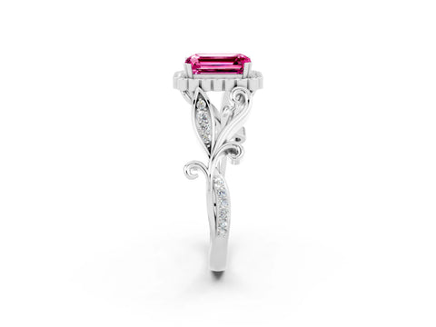 White gold Emerald Cut Pink Sapphire Halo Ring with Vintage Split Shank and Four-Prong Setting_26