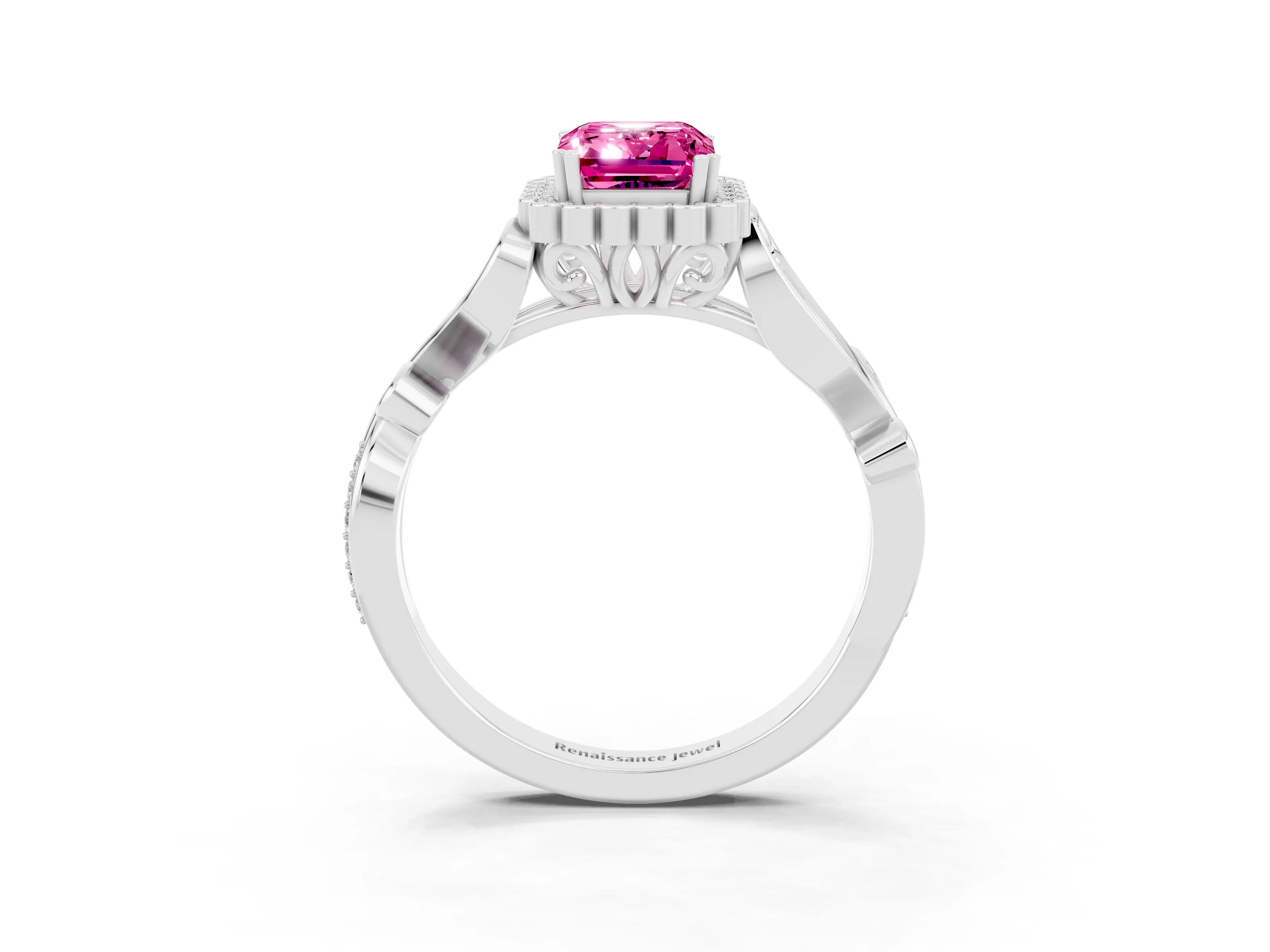 White gold Emerald Cut Pink Sapphire Halo Ring with Vintage Split Shank and Four-Prong Setting_27