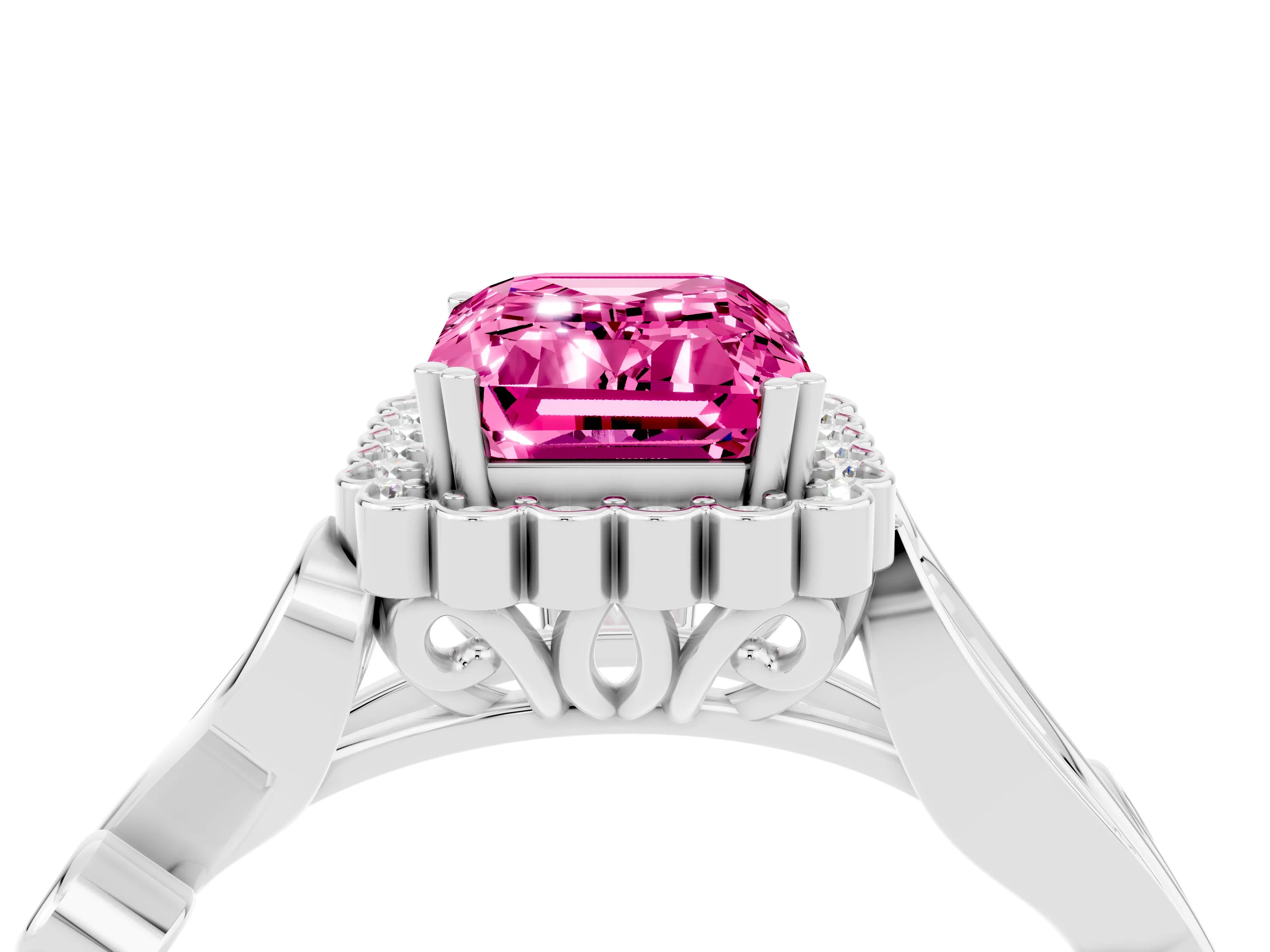 White gold Emerald Cut Pink Sapphire Halo Ring with Vintage Split Shank and Four-Prong Setting_28