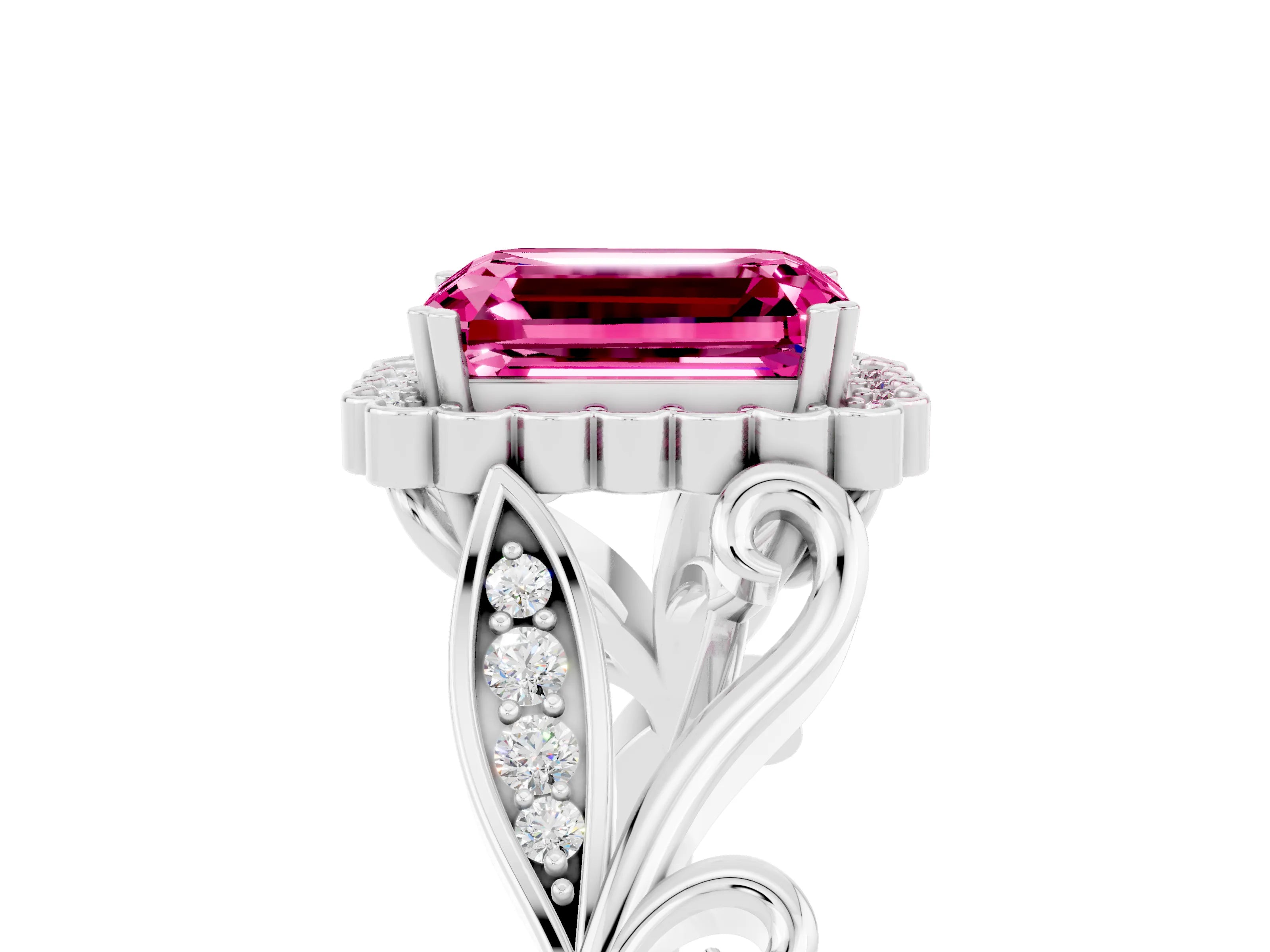 White gold Emerald Cut Pink Sapphire Halo Ring with Vintage Split Shank and Four-Prong Setting_29