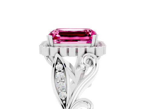 White gold Emerald Cut Pink Sapphire Halo Ring with Vintage Split Shank and Four-Prong Setting_29