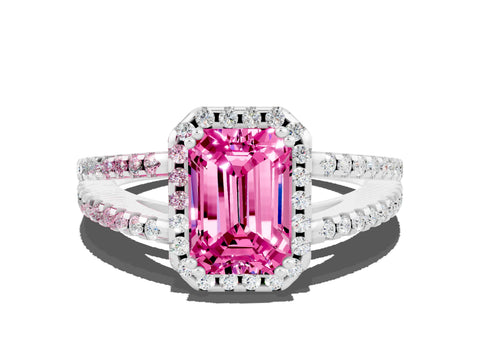 White gold Emerald Cut Pink Sapphire Halo Split Shank Engagement Ring_12