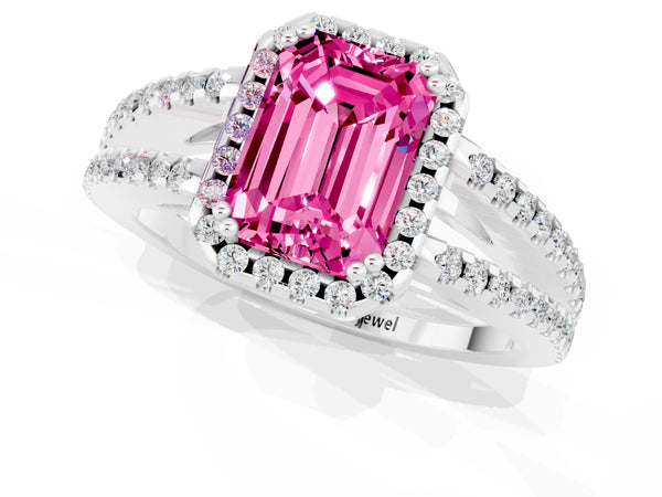 Platinum Emerald Cut Pink Sapphire Halo Split Shank Engagement Ring