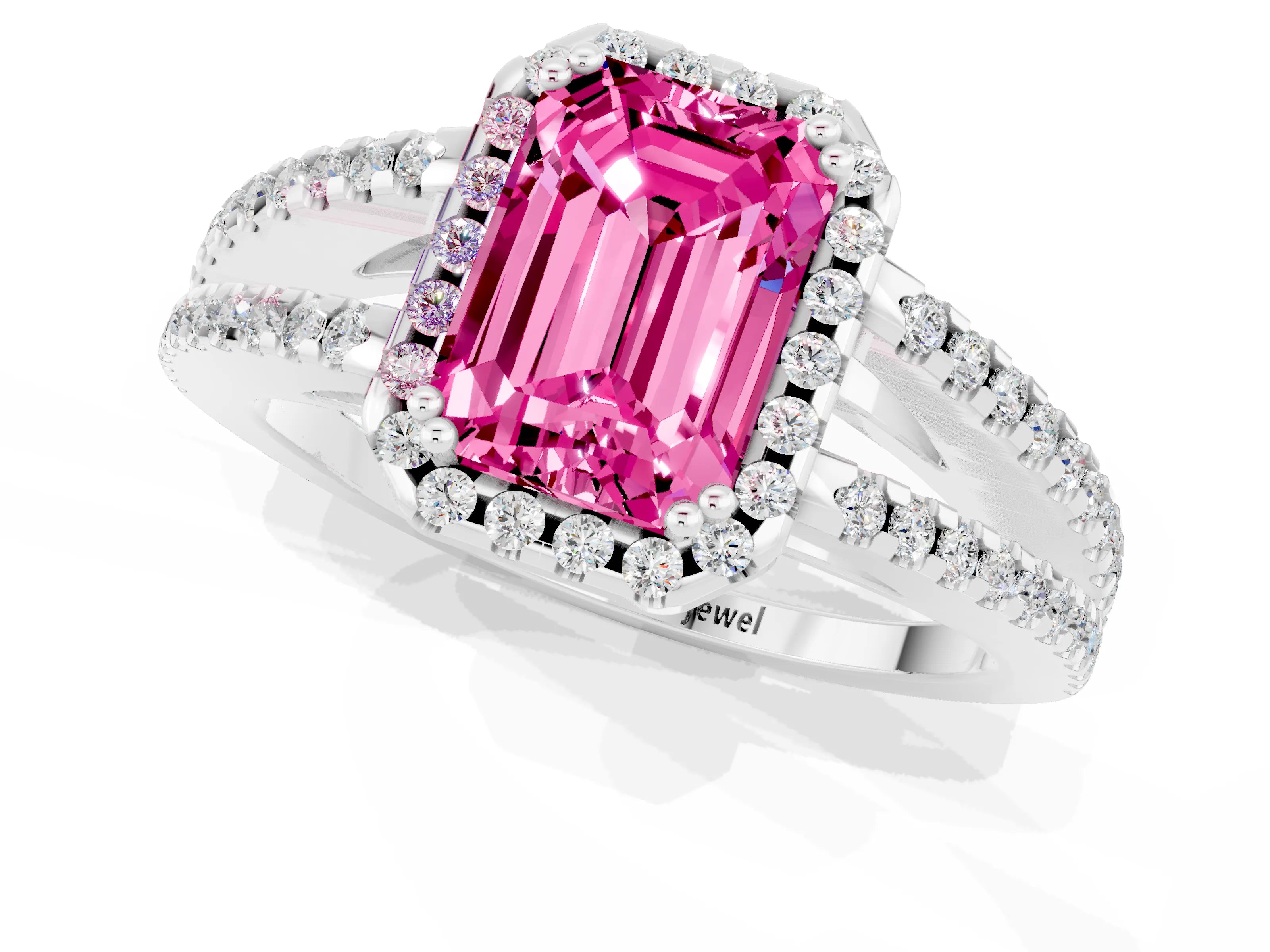 White gold Emerald Cut Pink Sapphire Halo Split Shank Engagement Ring_13